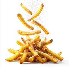Falling french fries, golden and crispy, with salt granules frozen in midair