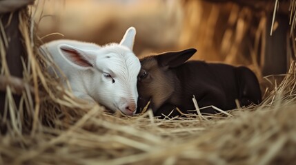 Fototapeta premium Adorable lambs resting together in hay showcasing warmth and affection