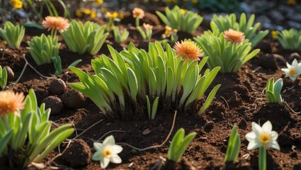 Rural garden scene with healthy plants, vegetables, and herbs in outdoor farmland