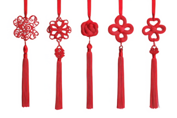 Intricate Red Chinese Knot Tassels with Silk Threads Transparent Background.