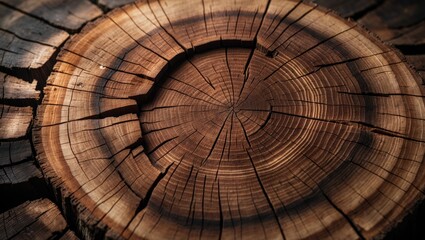 Trunk section with rings from a felled oak tree stump - slice of wood.