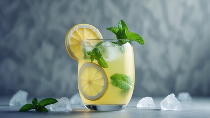 Fototapeta premium Cool beverage featuring lemon, mint, and ice in a glass on a summer-themed setting