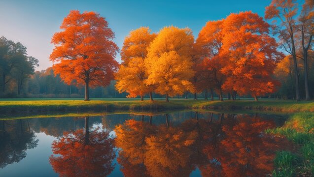 Golden autumn scene of forest and river in Saint Petersburg's outdoor garden