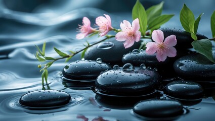 Abstract Japanese Zen Spa Scene with Water, Leaves, and Flowers
