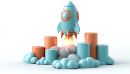 Rocket takeoff with clouds and cylinder platforms