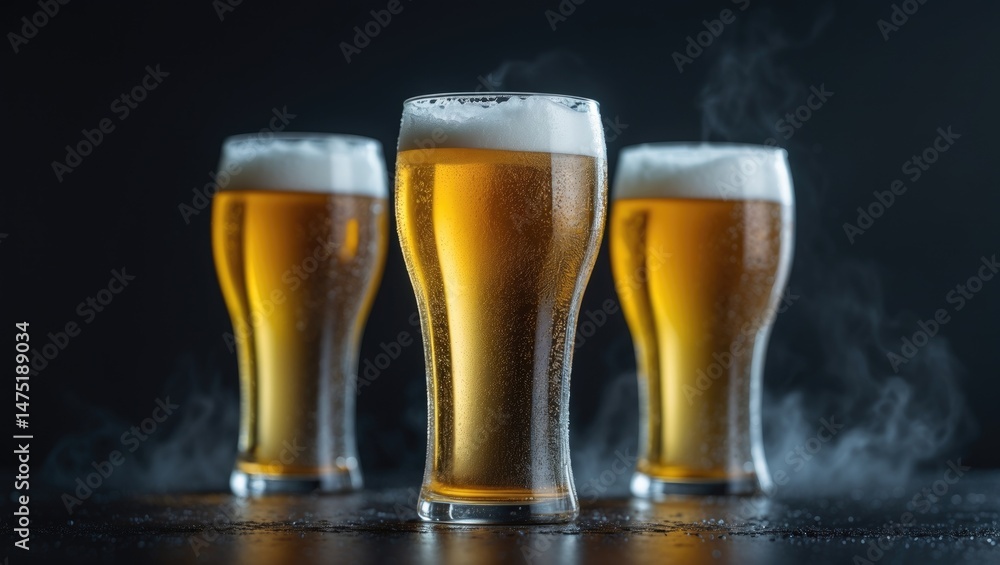 Poster set of three refreshing beers in glasses on a studio backdrop
