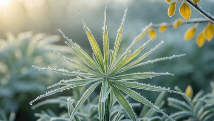 A frozen branch with yellow foliage. The delicate ice crystals enhance the beauty of the warm hues.