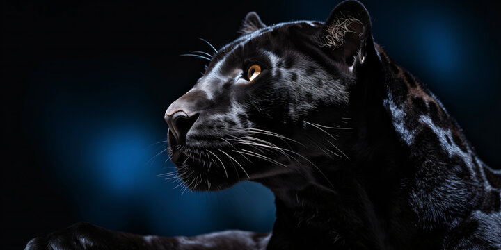 Portrait of a black panther on a blue background, side view