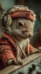 Obraz premium Squirrel wearing headphones and a stylish outfit operates a music mixer in a cozy indoor setting during the evening