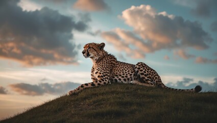 Obraz premium Fast predator lying atop a hill in the savannah under a blue sky
