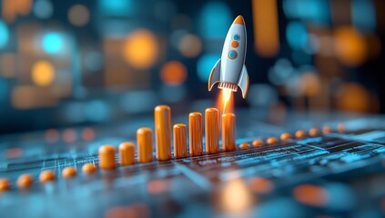 Rocket takes off over a growing bar graph