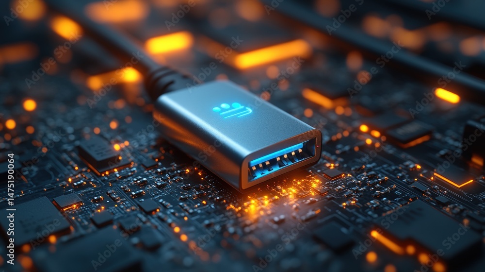 Aufkleber close-up of a modern data connector on a circuit board, showcasing high-tech design. illuminated cir