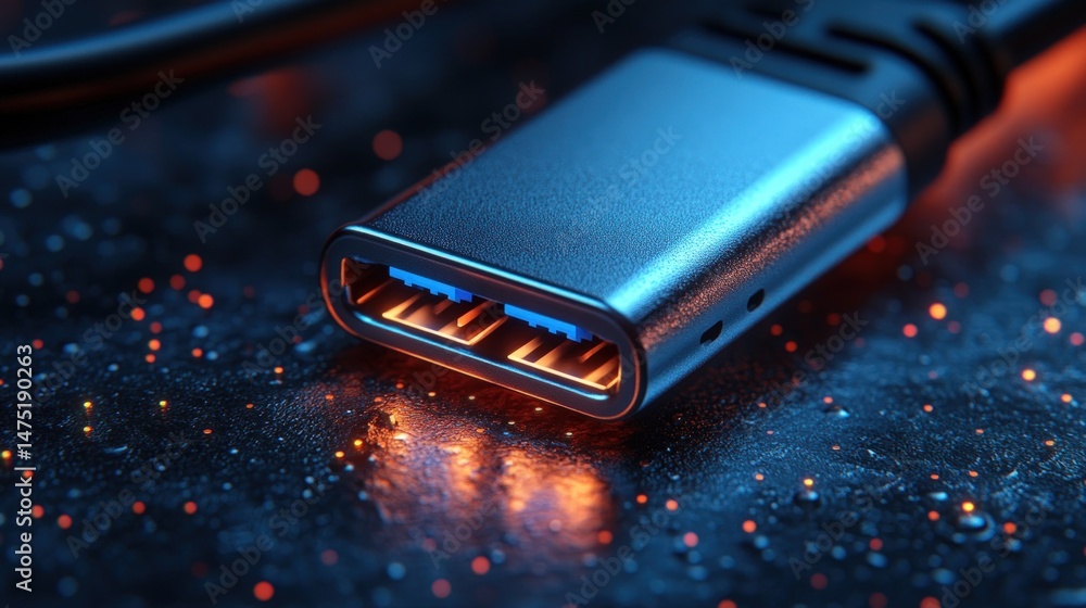 Poster close-up of a usb-c connector with glowing contacts, resting on a dark surface speckled with fiery p
