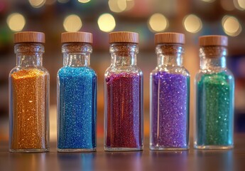 Five glass jars filled with colorful glitter