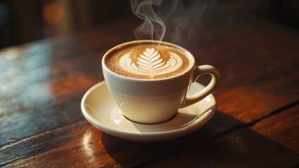Obraz premium Morning cappuccino with latte foam heart pattern on a wooden surface, side perspective