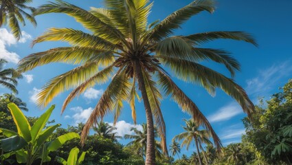 Fototapeta premium Sunlit Coconut Palms and Banana Plants on a Relaxing Island Beach Scene