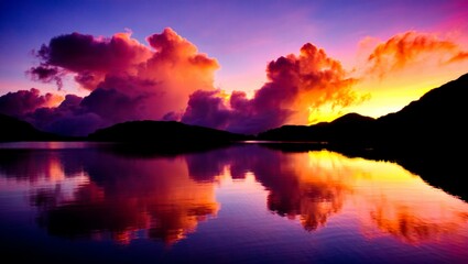 Obraz premium Beautiful vibrant sunset illuminating colorful clouds reflecting on serene lake water landscape.