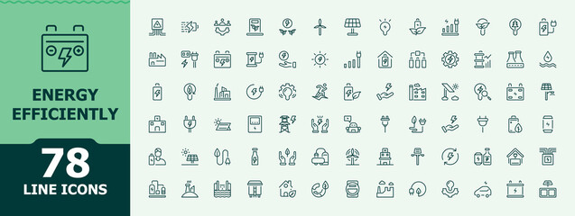 Energy Efficiently icon pack. Minimalist editable vector stroke. Environment icon set. Featuring efficiency, environmental, eco, ecology, electric, environment and more.