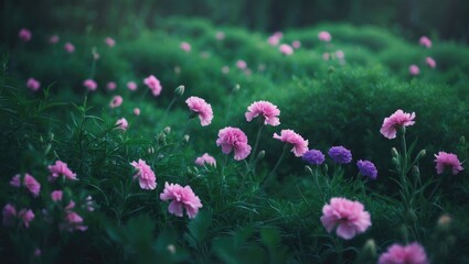 Fototapeta premium Purple carnation petals set against a green grass backdrop