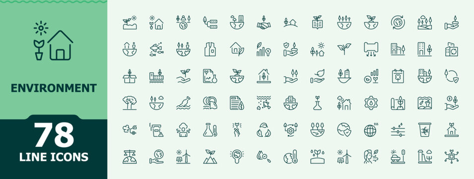 Environment icon collection. Minimalist editable vector stroke. Vector illustration in modern line style. Forest vector line icon set. Pictograms of energy, forest, al, ecosystem and more.