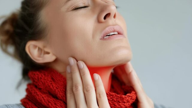 Throat discomfort: inflammation symbol, red glow, viral infection, sore sensation, thyroid issues, micro-nodules, tonsil pain, cold symptoms, health challenge, vocal distress, respiratory condition.