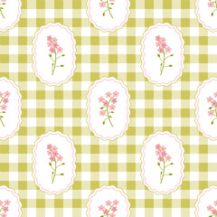Coquette trellis myosotis floral seamless pattern on a checkered background. Vintage Rustic Design. Vector illustration