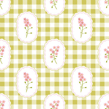 Coquette trellis myosotis floral seamless pattern on a checkered background. Vintage Rustic Design. Vector illustration