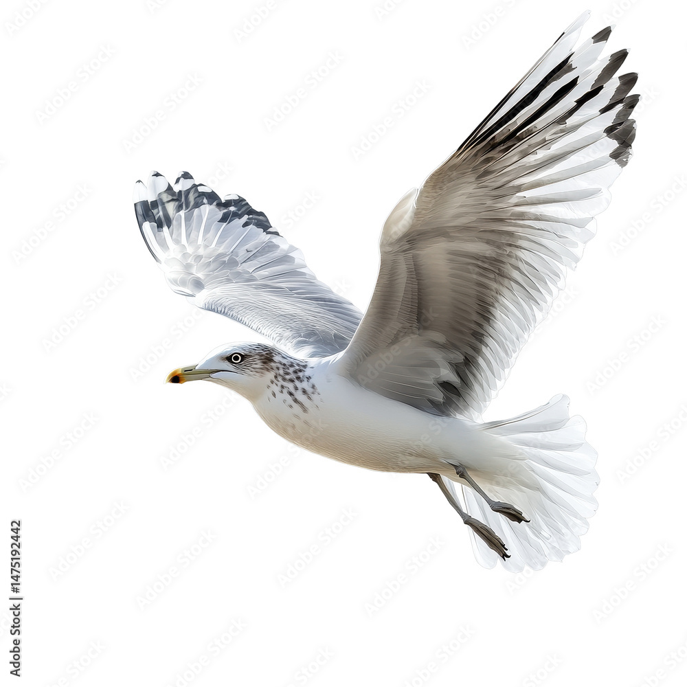 Poster seagull soaring in flight with wings outstretched against a transparent background, seagull in fligh