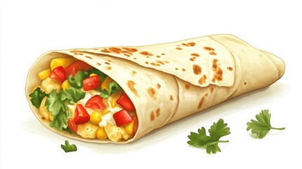 Delicious Burrito Illustration with Fresh Ingredients Close Up Studio Shot on White Background