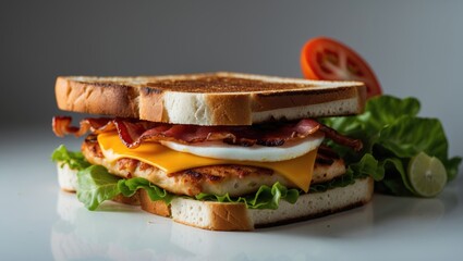 Healthy club sandwich with chicken, egg, and cheese served on white bread