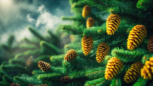 Male cones of a Pine tree dispersing clouds of pollen.