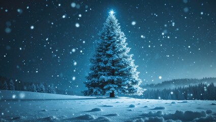 Christmas tree glowing under the moonlight on a winter night