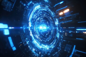 Fototapeta premium Futuristic Blue Holographic Interface with Cyberpunk Glow and Symmetry