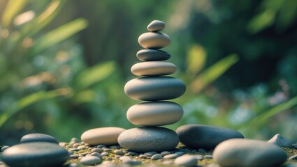 Stones balanced in a pyramid style, placed on a natural background.