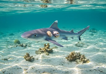 Obraz premium Two sharks swimming over coral reef sand