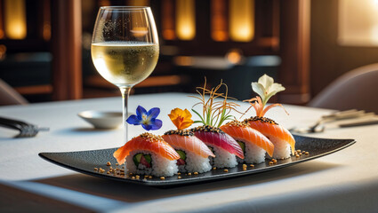 Delicious sushi rolls are artistically presented with fresh salmon, paired with a glass of white wine.