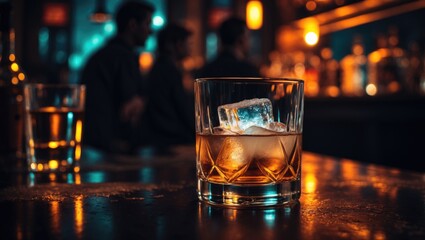 Cocktail zoomed in against a dark setting. The drink is brightly lit. Concentrated focus on the frosty beverage and glass. Obscured individuals in the background. Available copy space.