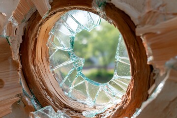 Close-up of bullet hole in glass window with outdoor view