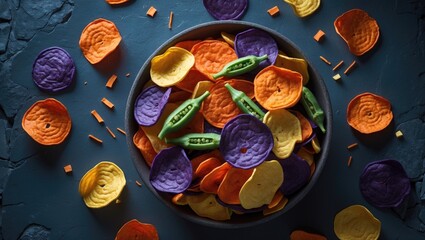 Vegan snack mix of healthy vegetable chips and dry fruits, including sweet potato, carrot, radish, beans, and mushrooms in a flat lay arrangement.