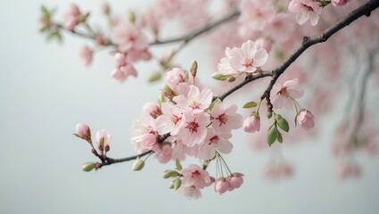 Fototapeta premium Branches of a tree featuring vibrant cherry blossoms with a clean white backdrop.