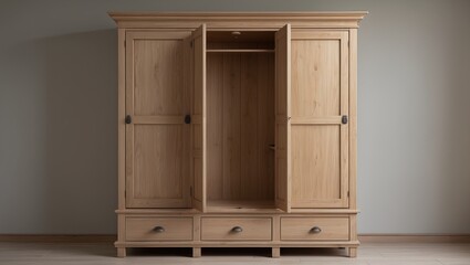 Antique-style three-door cabinet with carved doors and an open middle section showcasing interior design