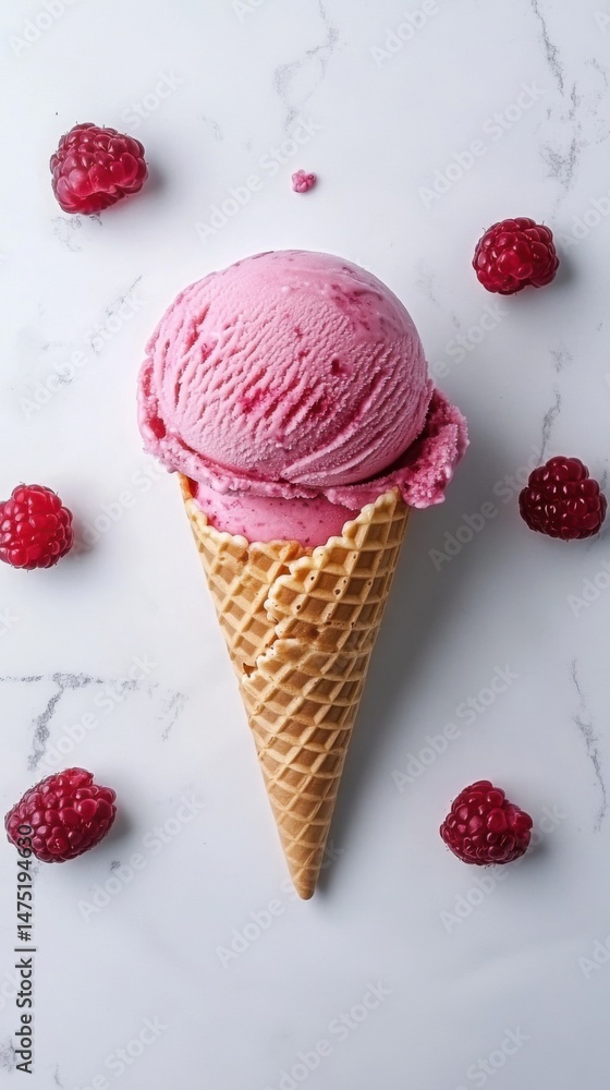 Poster pink raspberry ice cream in waffle cone with fresh raspberries on marble background top down studio 