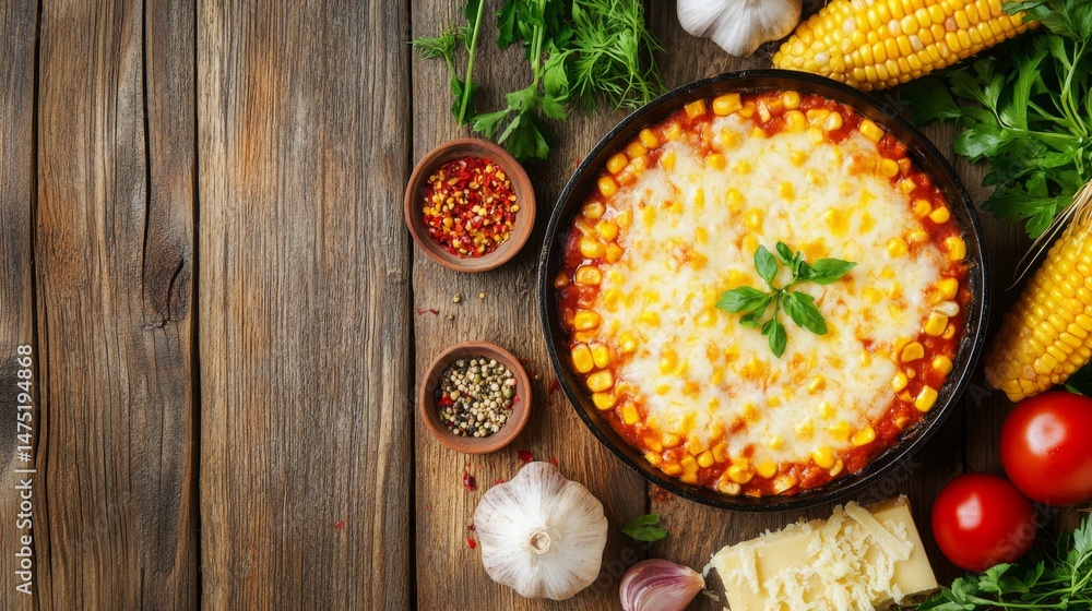 Poster a top-down view of a rustic wooden table featuring a skillet of hot cheese corn surrounded by fresh 