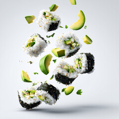 Sushi rolls falling apart mid-air, rice, seaweed, avocado and fish pieces scattering