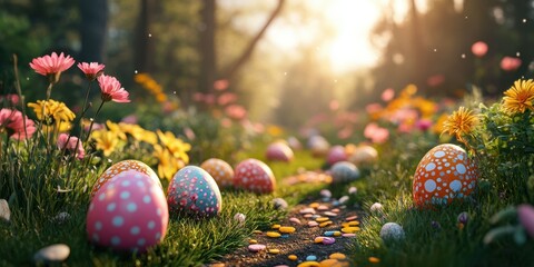 Colorful Easter eggs scattered along a flower-lined path in a sunlit garden during springtime