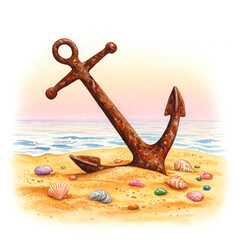 Rusty Anchor Beach Scene Watercolor Illustration - Nautical Art with Seashells by the Ocean for Coastal Decor