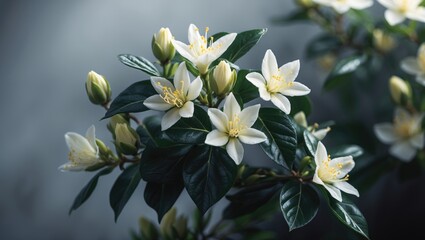 Obraz premium Fragrant Cape Jasmine Outline: Evergreen Shrub with Beautiful Flowers and Dark Glossy Leaves