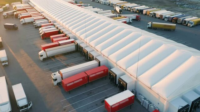 Aerial view of modern warehouse in a logistics park. Semi-trailer trucks stand at ramps for load and unload goods at sunset