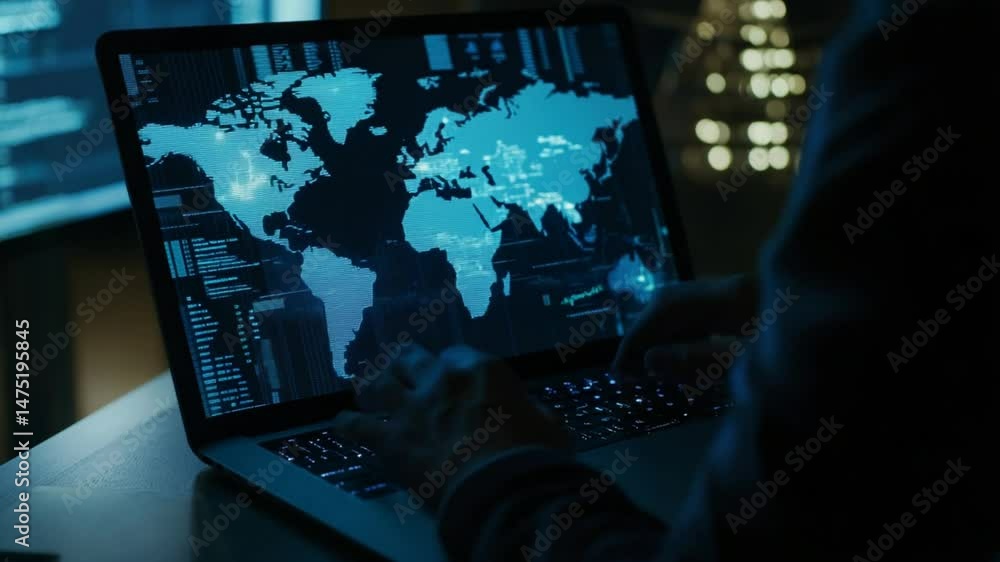 Poster global network security specialist analyzing data flow on a laptop in a dark room