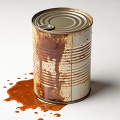Rusty can with spilled contents on a white background